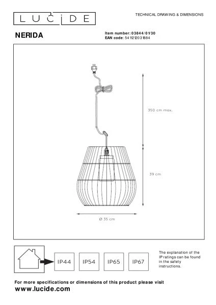 Lucide NERIDA - Suspension Intérieur/Extérieur - Ø 35 cm - 1xE27 - IP44 - Noir - technique